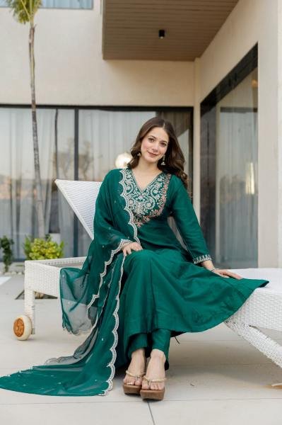 Bottle Green Embroidered Chinon Anarkali Kurta With Dupatta Set Anarkali Kurtis 