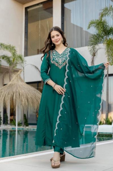 Bottle Green Embroidered Chinon Anarkali Kurta With Dupatta Set Anarkali Kurtis 