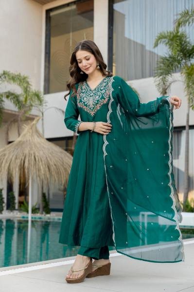 Bottle Green Embroidered Chinon Anarkali Kurta With Dupatta Set Anarkali Kurtis 