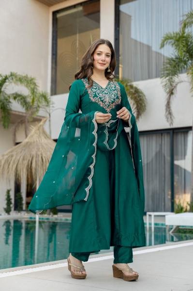 Bottle Green Embroidered Chinon Anarkali Kurta With Dupatta Set Anarkali Kurtis 