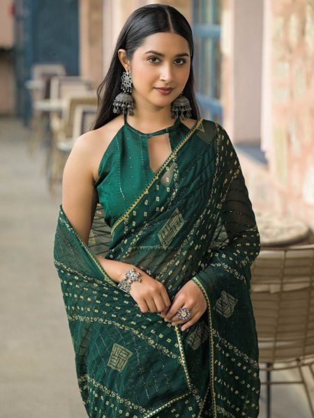 Bottle Green Heavy Georgette Silk Printed Saree with Elegant Border for Festive Wear Sarees 