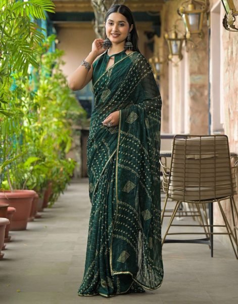 Bottle Green Heavy Georgette Silk Printed Saree with Elegant Border for Festive Wear Georgette Sarees Wholesale