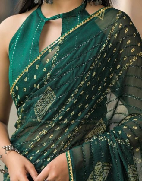 Bottle Green Heavy Georgette Silk Printed Saree with Elegant Border for Festive Wear Georgette Sarees Wholesale