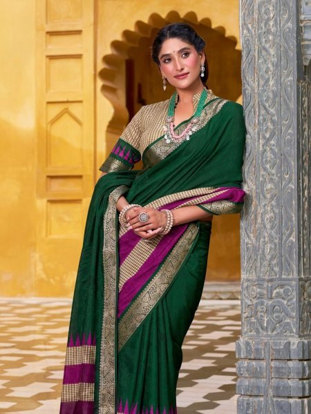 Bottle Green Poly Cotton Saree with Zari Border and Weaving for Export Buyers Sarees 