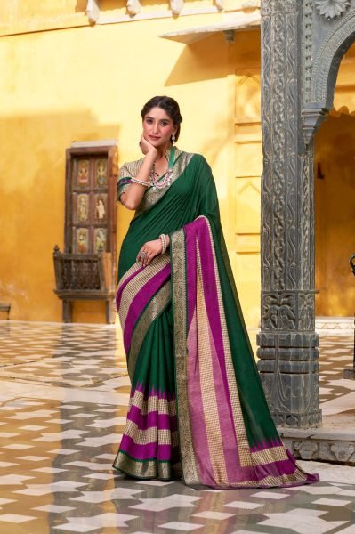 Bottle Green Poly Cotton Saree with Zari Border and Weaving for Export Buyers Cotton Sarees Wholesale