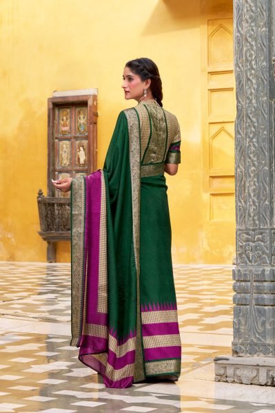 Bottle Green Poly Cotton Saree with Zari Border and Weaving for Export Buyers Cotton Sarees Wholesale