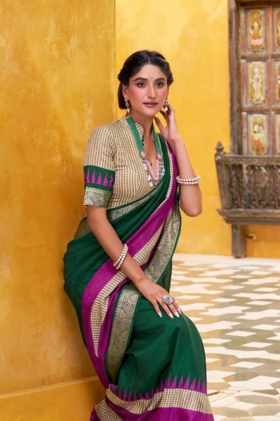Bottle Green Poly Cotton Saree with Zari Border and Weaving for Export Buyers Cotton Sarees Wholesale
