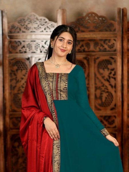 Bottle Green Vichitra Silk Suit with Jacquard Border Dupatta for Premium Wholesale Buyers Anarkali Kurtis 