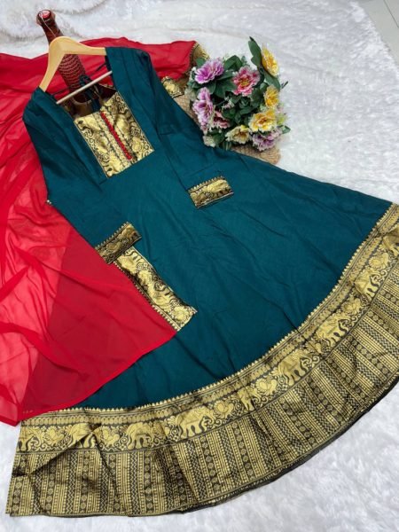 Bottle Green Vichitra Silk Suit with Jacquard Border Dupatta for Premium Wholesale Buyers Anarkali Kurtis 