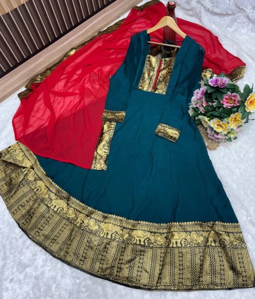 Bottle Green Vichitra Silk Suit with Jacquard Border Dupatta for Premium Wholesale Buyers Anarkali Kurtis 