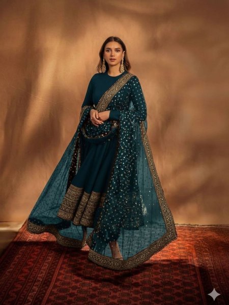 Boutique Blue Style Fox Georgette Gown with Premium Sequence with Matching Embroidered Dupatta  Ready To Wear Suit