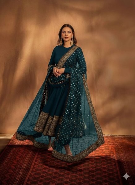 Boutique Blue Style Fox Georgette Gown with Premium Sequence with Matching Embroidered Dupatta  Ready To Wear Collection
