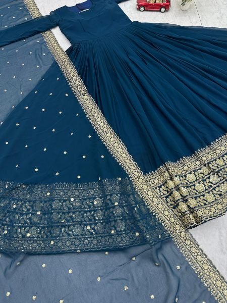 Boutique Blue Style Fox Georgette Gown with Premium Sequence with Matching Embroidered Dupatta  Ready To Wear Collection