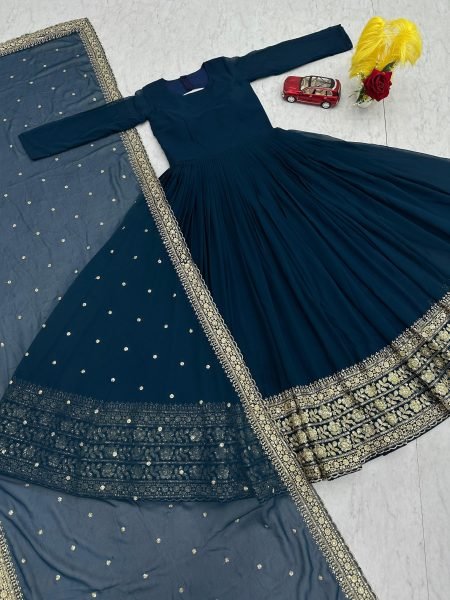 Boutique Blue Style Fox Georgette Gown with Premium Sequence with Matching Embroidered Dupatta  Ready To Wear Collection