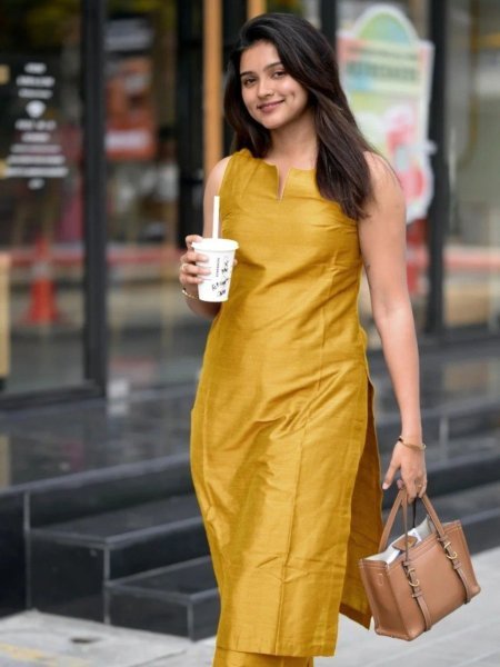 Boutique Collection Yellow Roman Silk Sleeveless Kurti Pant Set with Functional Pocket for Resellers Kurtis