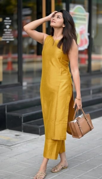 Boutique Collection Yellow Roman Silk Sleeveless Kurti Pant Set with Functional Pocket for Resellers Kurti With Bottom Wholesale
