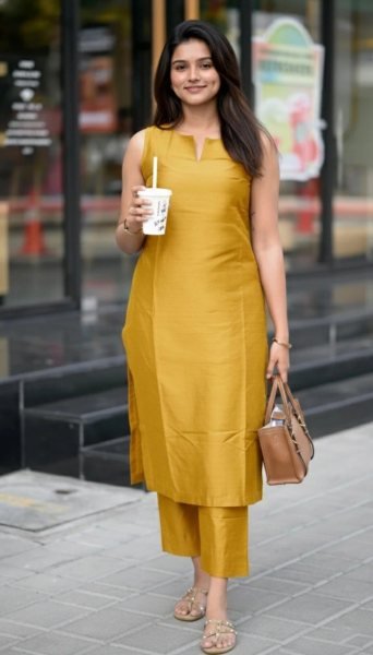 Boutique Collection Yellow Roman Silk Sleeveless Kurti Pant Set with Functional Pocket for Resellers Kurti With Bottom Wholesale
