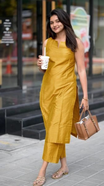 Boutique Collection Yellow Roman Silk Sleeveless Kurti Pant Set with Functional Pocket for Resellers Kurti With Bottom Wholesale