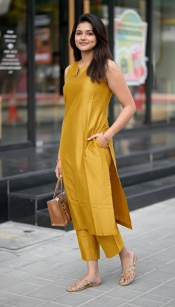 Boutique Collection Yellow Roman Silk Sleeveless Kurti Pant Set with Functional Pocket for Resellers Kurti With Bottom Wholesale