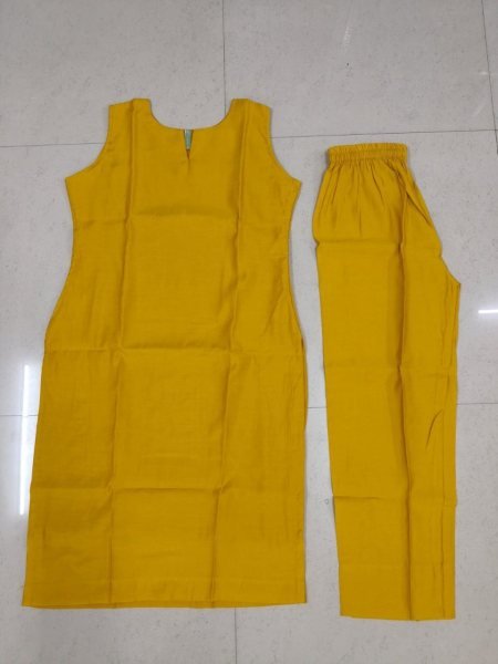 Boutique Collection Yellow Roman Silk Sleeveless Kurti Pant Set with Functional Pocket for Resellers Kurti With Bottom Wholesale