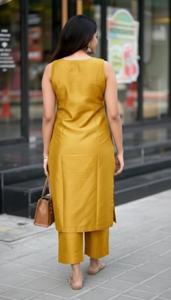 Boutique Collection Yellow Roman Silk Sleeveless Kurti Pant Set with Functional Pocket for Resellers Kurti With Bottom Wholesale