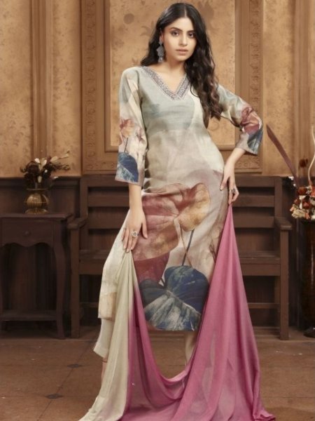 Boutique Cream and pink Dupatta Style Chanderi Set for Casual Wear Kurtis