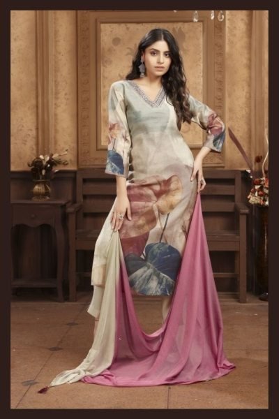 Boutique Cream and pink Dupatta Style Chanderi Set for Casual Wear  Straight Cut Long Kurtis