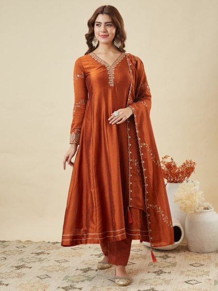 Boutique Orange Style Embroidered Kurta Set for Women in Silk Fabric Anarkali Kurtis 