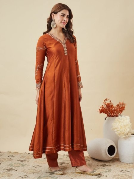 Boutique Orange Style Embroidered Kurta Set for Women in Silk Fabric Anarkali Kurtis 