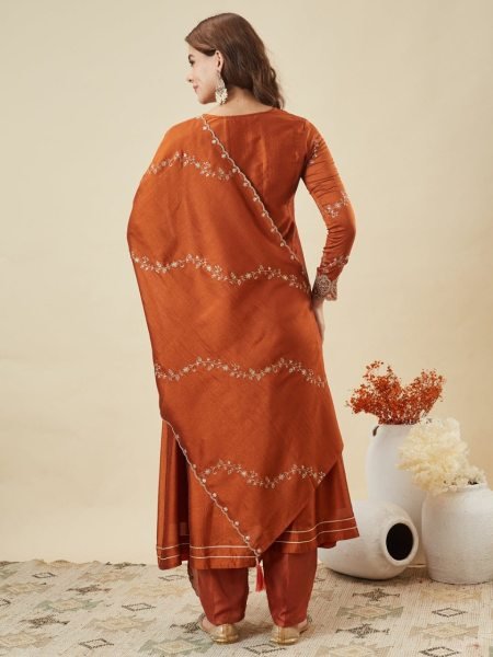 Boutique Orange Style Embroidered Kurta Set for Women in Silk Fabric Anarkali Kurtis 