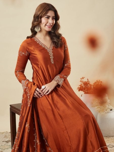 Boutique Orange Style Embroidered Kurta Set for Women in Silk Fabric Anarkali Kurtis 