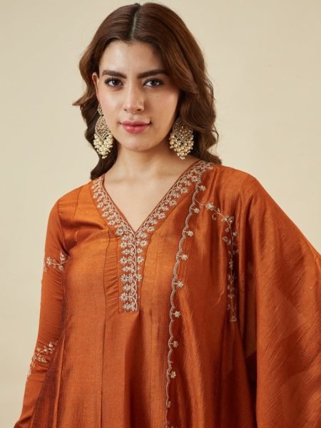 Boutique Orange Style Embroidered Kurta Set for Women in Silk Fabric Anarkali Kurtis 