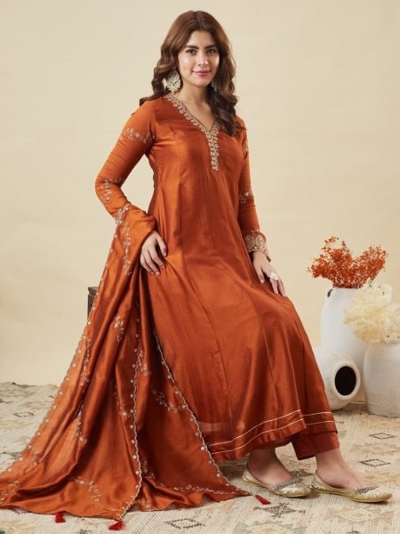 Boutique Orange Style Embroidered Kurta Set for Women in Silk Fabric Anarkali Kurtis 