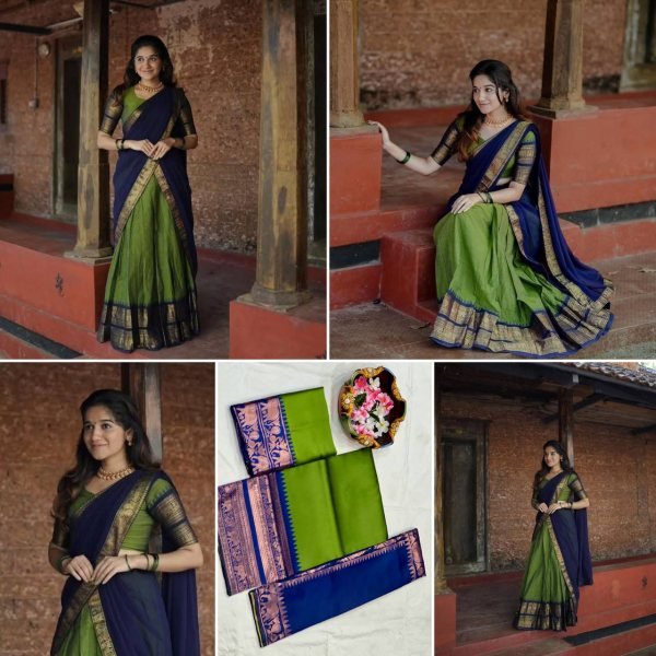 Boutique Quality Green Kanjivaram Silk Half Saree Lehenga Choli for Weddings Half Saree Lehenga