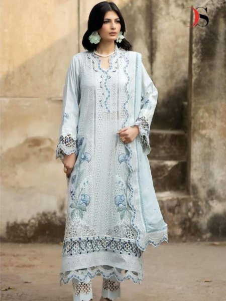 Boutique Quality Ice Blue Pure Cotton Salwar Suit with Premium Embroidery and Kota Dupatta Salwar Kameez