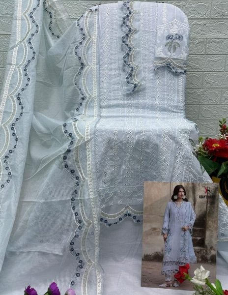 Boutique Quality Ice Blue Pure Cotton Salwar Suit with Premium Embroidery and Kota Dupatta Pakistani Suits Wholesale