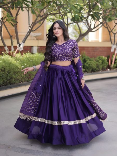 Boutique Quality Purple Glory Satin Lehenga Choli with Heavy Embroidered Blouse 