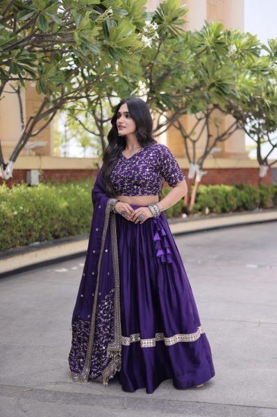 Boutique Quality Purple Glory Satin Lehenga Choli with Heavy Embroidered Blouse Designer Lehenga Choli