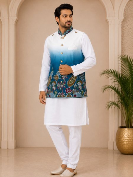 Boutique Style Blue Shaded Malai Satin Kurta Pajama With Koti For Wedding Mens Wear