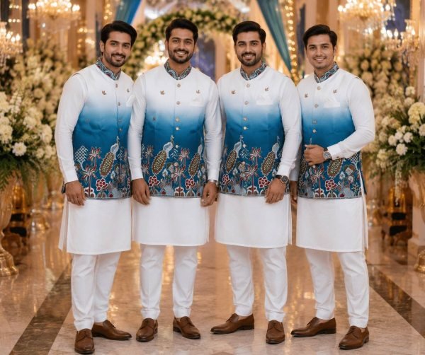 Boutique Style Blue Shaded Malai Satin Kurta Pajama With Koti For Wedding Kurta Pajama Wholesale
