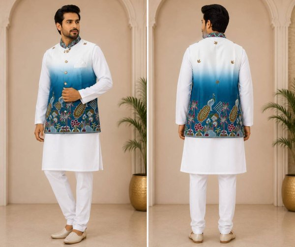 Boutique Style Blue Shaded Malai Satin Kurta Pajama With Koti For Wedding Kurta Pajama Wholesale