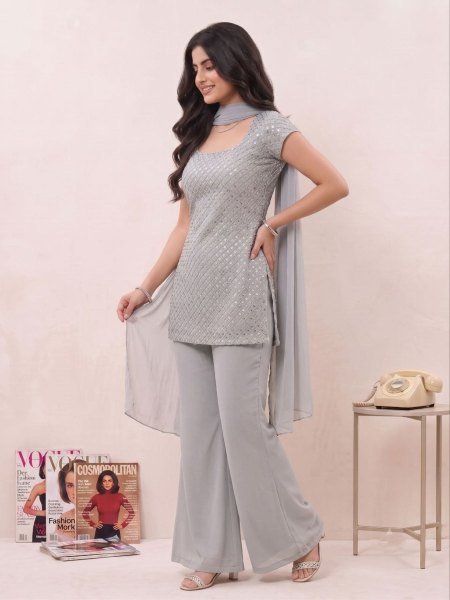 Boutique Style Grey 90s Bell Palazzo Dress Set with Soft Georgette Dupatta Kurtis