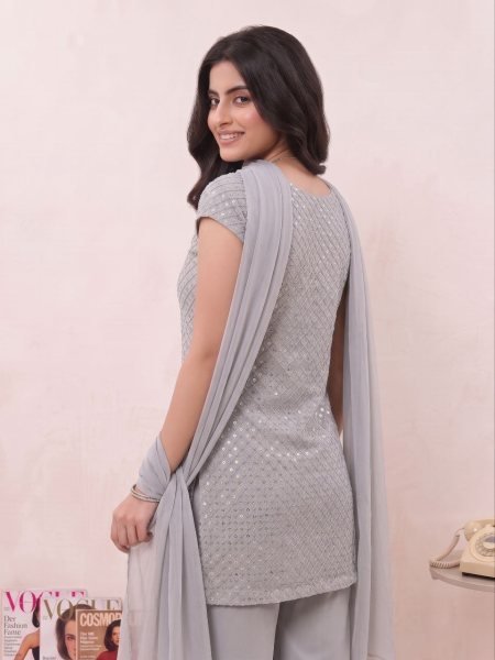 Boutique Style Grey 90s Bell Palazzo Dress Set with Soft Georgette Dupatta Full Set Kurti