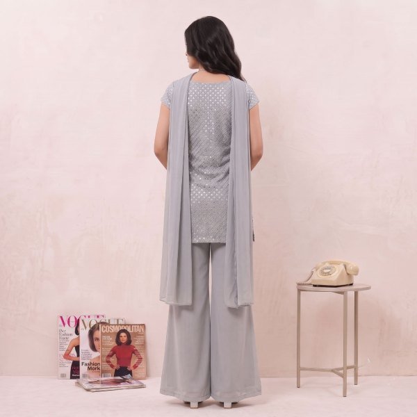 Boutique Style Grey 90s Bell Palazzo Dress Set with Soft Georgette Dupatta Full Set Kurti