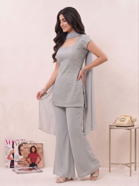 Boutique Style Grey 90s Bell Palazzo Dress Set with Soft Georgette Dupatta Full Set Kurti