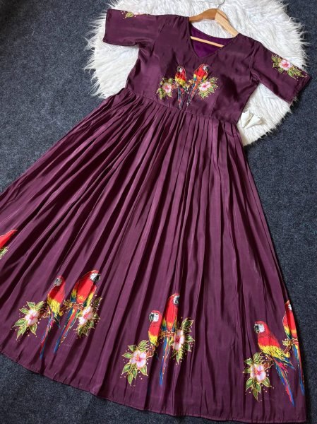 Boutique Style Maslin South Pattern Gown with Elegant Handwork Finish For Festive Collection Anarkali Kurtis 