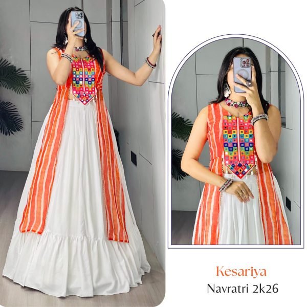 Boutique Style Orange Leheriya Print Kurti with Plain Frill Rayon Cotton Lehenga for Garba Navratri Lehnega Choli