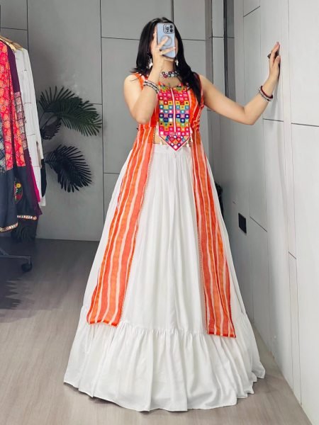 Boutique Style Orange Leheriya Print Kurti with Plain Frill Rayon Cotton Lehenga for Garba Navratri Lehnega Choli