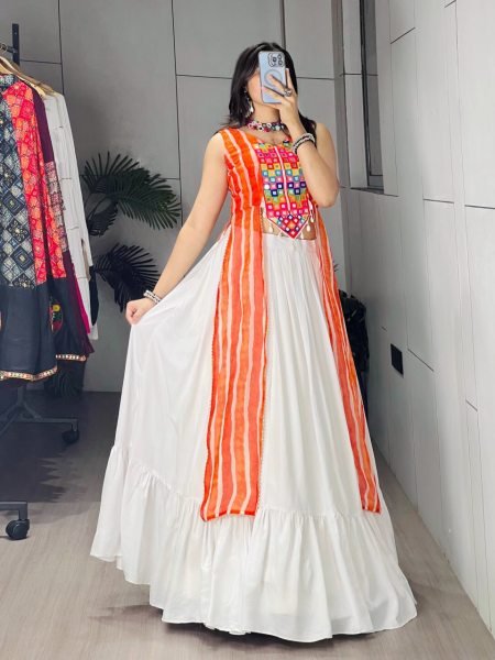 Boutique Style Orange Leheriya Print Kurti with Plain Frill Rayon Cotton Lehenga for Garba Navratri Lehnega Choli