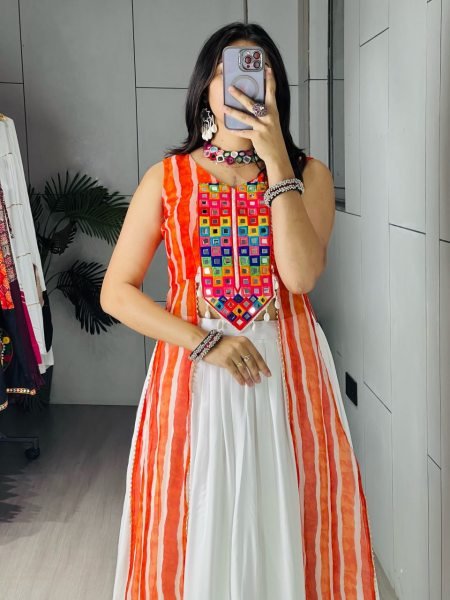 Boutique Style Orange Leheriya Print Kurti with Plain Frill Rayon Cotton Lehenga for Garba Navratri Lehnega Choli
